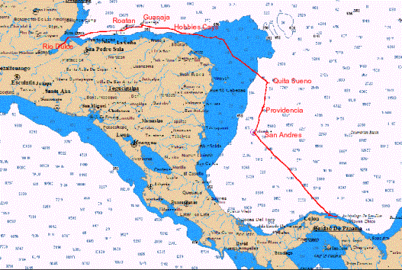 Chart of Moira's track from Panama to Rio Dulce, Guatemala, 2008