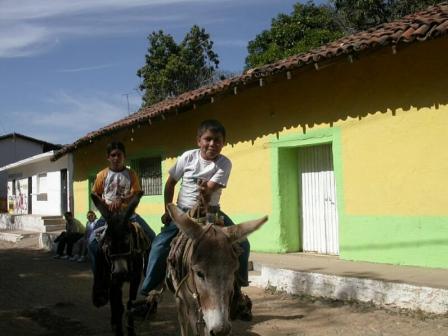 Painted houses and boys on mules, Copala, Mexico