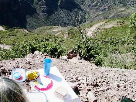 Roadside lunch looking down into Batopilas Canyon, note switchbacks