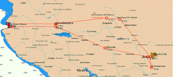Chart of inland trip: Puerto Vallarta, Guadalajara, Guanajuato, San Miguel de Allende, Mexico City, Cuernavaca, Morelia