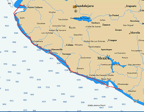 Chart of Moira's track, Puerto Vallarta to Zihuatanejo, Mexico