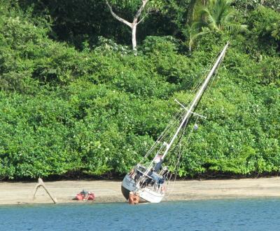 Boat careened for maintenance, Isla Espiritu Santo, Panama