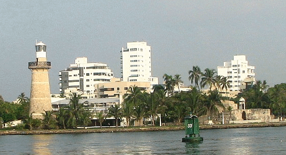 Skyline of Boca Grande, Cartagena Colombia, including lighthouse and city wall