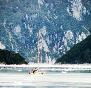 Cruising sailboat, near Pia Glacier, Chile